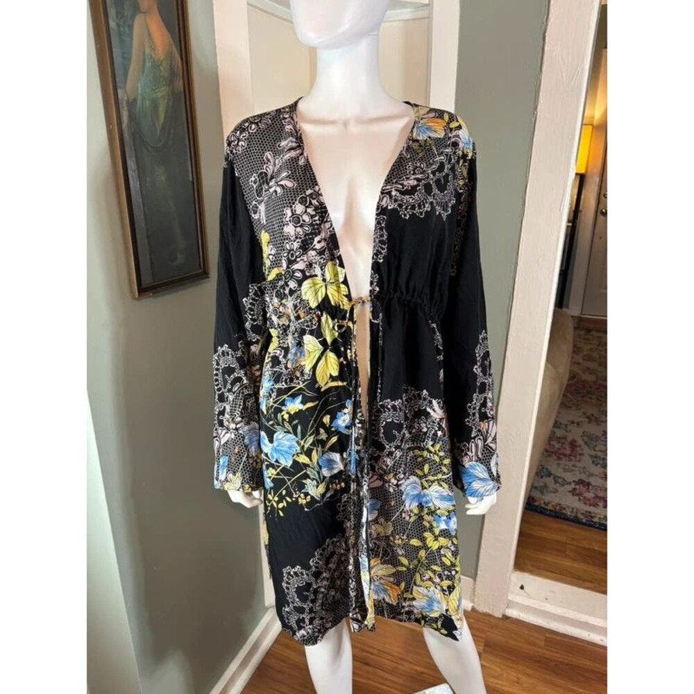 Citron Santa Monica Silk Butterfly Dragonfly Floral Lace-Print Kimono Jacket